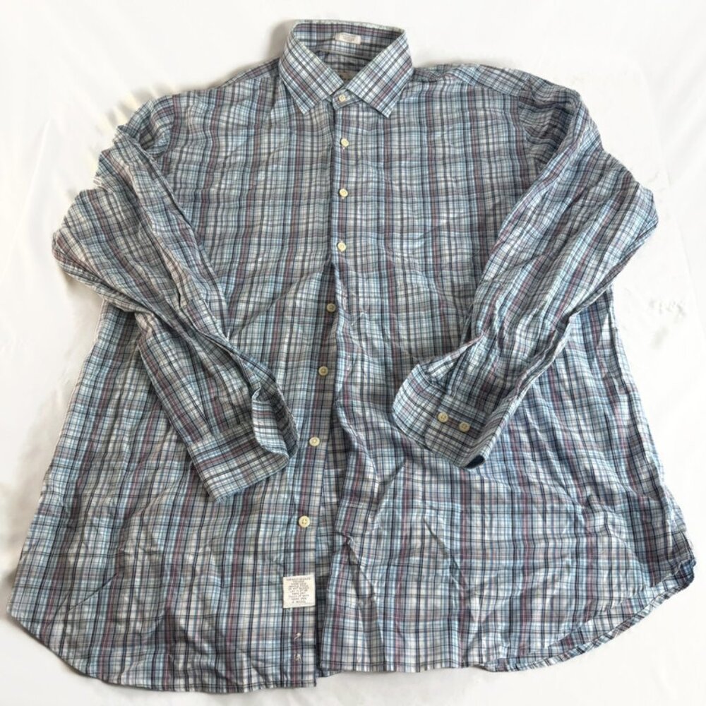 Peter Millar Button Down Check Plaid Long Sleeve Dress Sport Shirt Blue  SZ XL